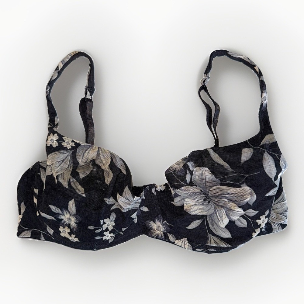 Vintage Victorias Secret 36D Black Unlined Plunge Bra Strappy Floral Mesh Sheer